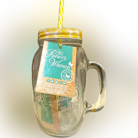 PIONEER WOMAN 32oz CLEAR LEMONADE MASON MUG WITH STRAW SIMPLE HOMEMADE GOODNESS - Picture 2 of 13